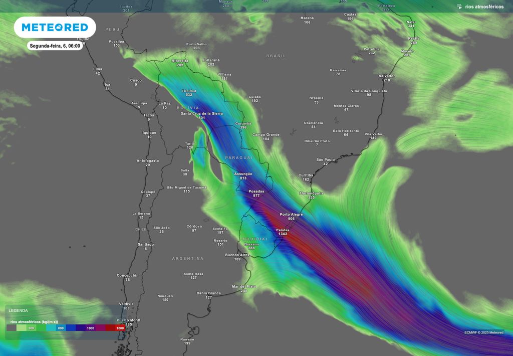 Previsão de rio atmosférico nesta segunda-feira (6), de acordo com o ECMWF. Previsão de rio atmosférico nesta segunda-feira (6), de acordo com o ECMWF.