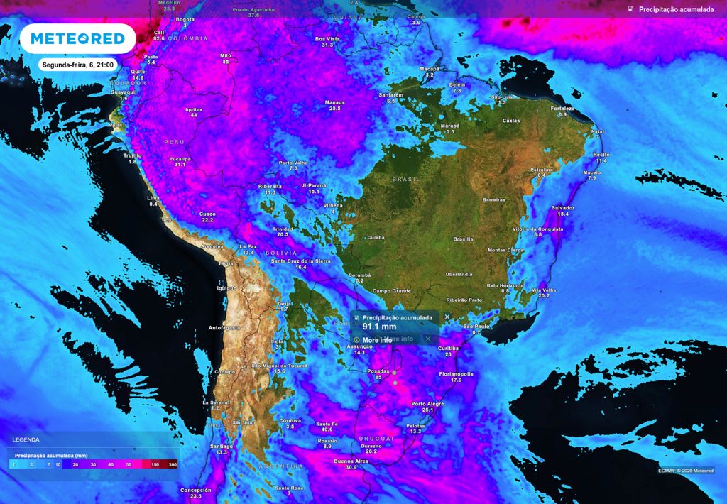 Previsão de chuva acumulada até segunda-feira (6), de acordo com o ECMWF. Previsão de chuva acumulada até segunda-feira (6), de acordo com o ECMWF.