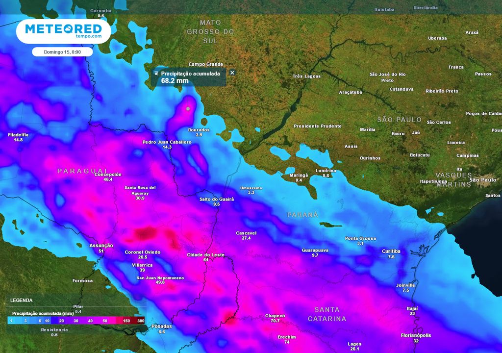 Previsão de acumulados de chuva totais até o final do sábado.