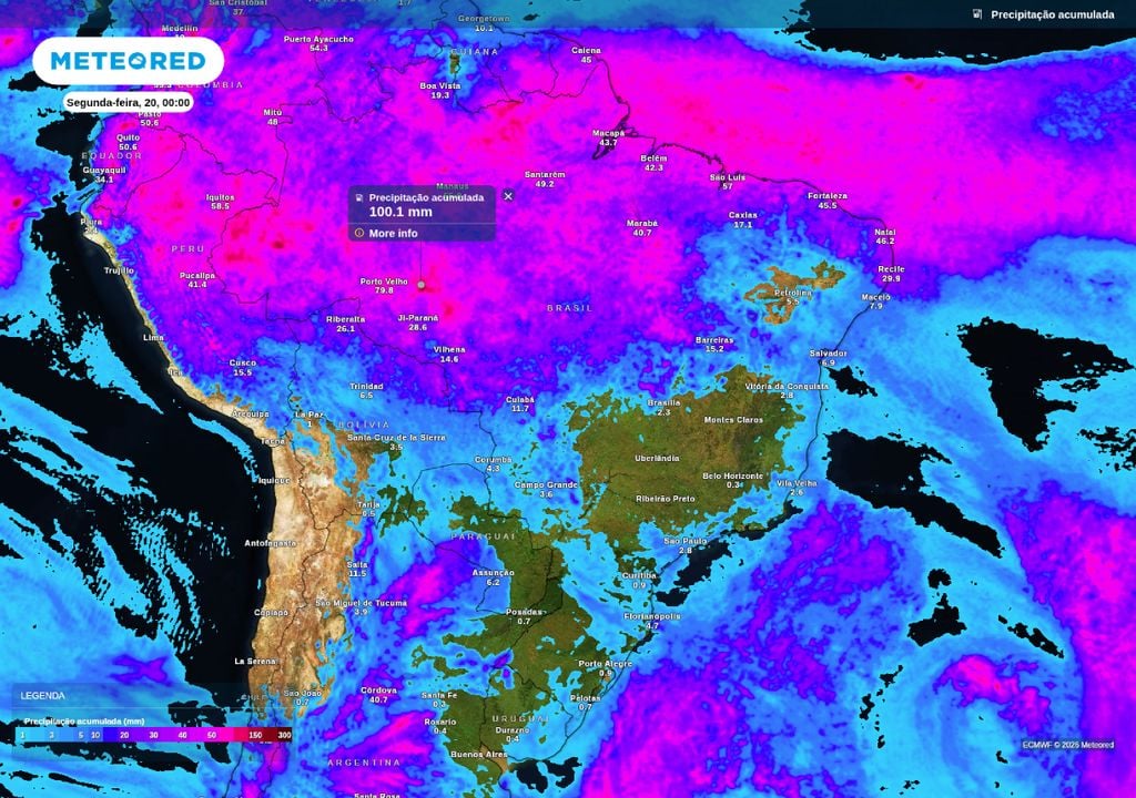 Chuva acumulada entre sábado (18) e domingo (19). Acumulados entre sábado (18) e domingo (19) no Norte e Nordeste do país chamam a atenção ao se aproximarem de 100 mm.