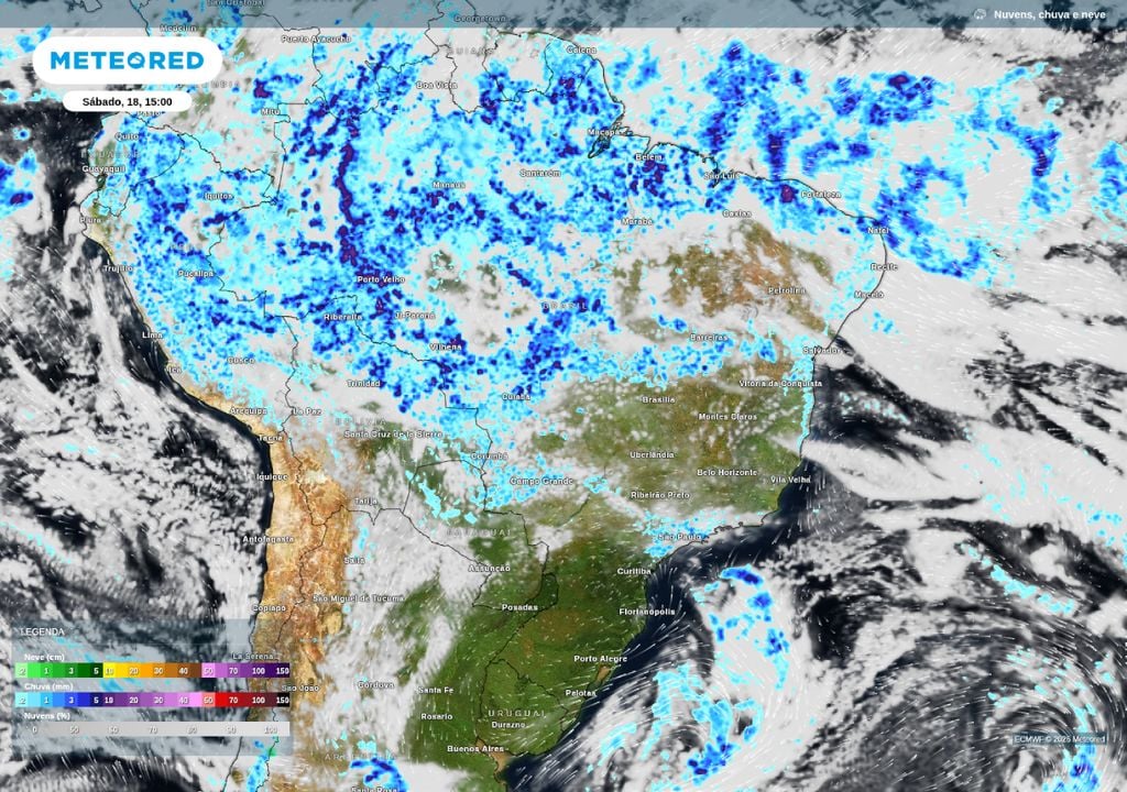 Previsão de nebulosidade, chuva e direção do vento na tarde deste sábado (18). Previsão de nebulosidade, chuva e direção do vento na tarde deste sábado (18).
