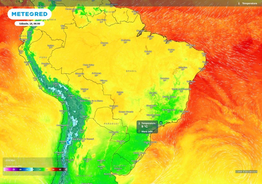 Temperatura mínima. Fraca massa de ar frio atua entre RS e SC diminuindo as temperaturas ao amanhecer.