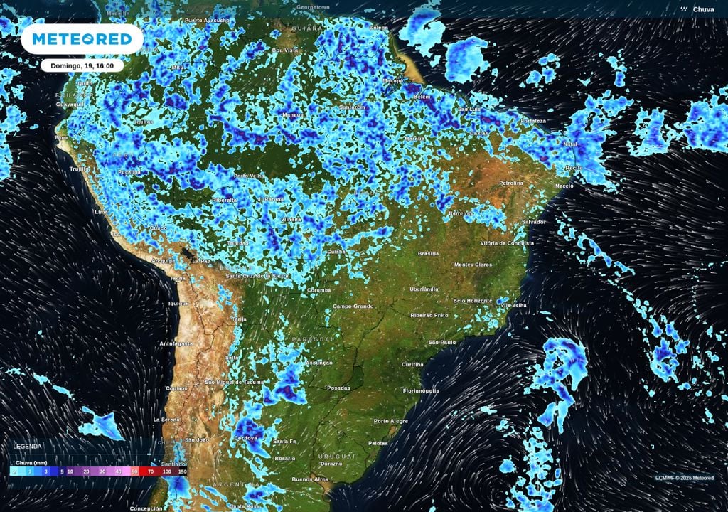 Precipitação e direção do vento prevista para este domingo (16). Precipitação e direção do vento prevista para este domingo (16).