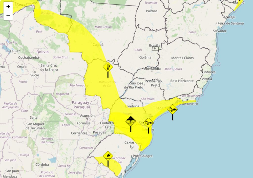Mapa de alertas emitidos pelo INMET para o final de semana dos dias 6 e 7 de Setembro.