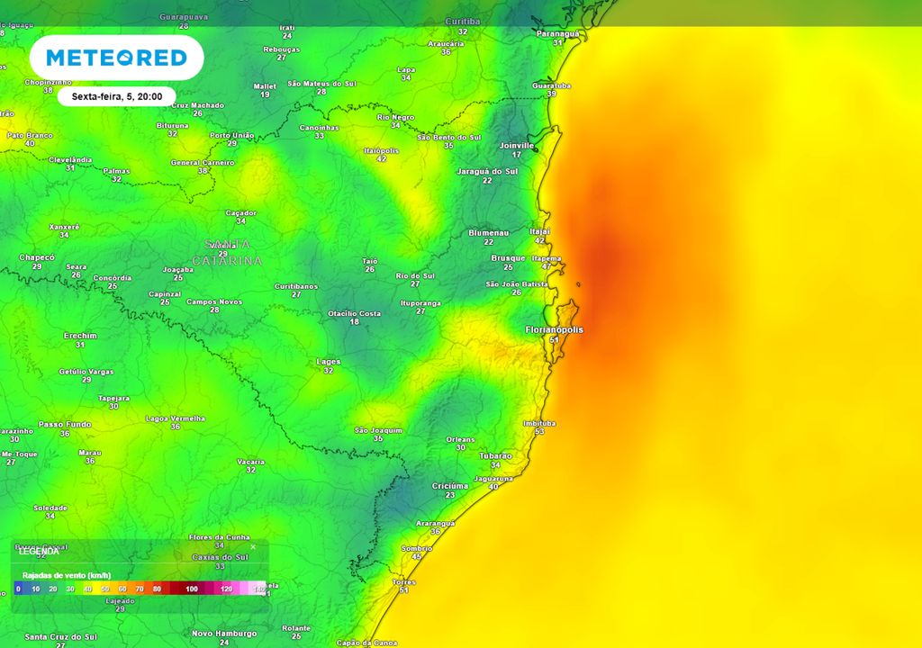 Previsão de velocidade de rajada de ventos na sexta-feira durante a noite.