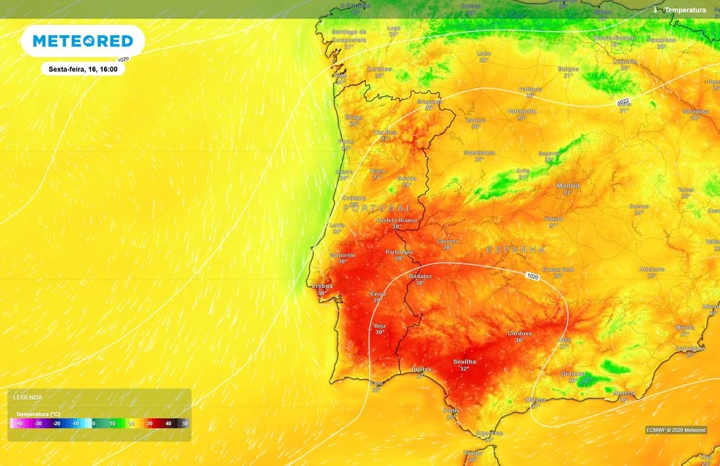 Sexta-feira poderá trazer temperaturas próximas dos 30 ºC ao Centro e Sul O ECMWF prevê temperaturas próximas dos 30 ºC em várias localidades do Centro e Sul durante a tarde de sexta-feira, contrastando com valores mais baixos no litoral Norte.
