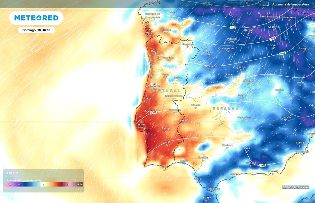 Apesar do arrefecimento, várias regiões poderão continuar acima da média O ECMWF projeta anomalias positivas em várias regiões de Portugal continental durante a tarde de domingo, contrastando com valores inferiores à média em áreas de Espanha.