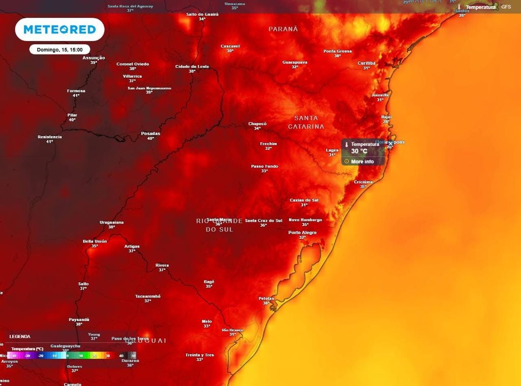 Previsão de temperatura máxima (em °C) para domingo (15) à tarde (15h).