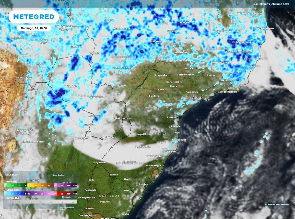 Mapa de previsão de precipitação (em mm) e nebulosidade para domingo (15) à tarde (16h), segundo o modelo europeu ECMWF. Confira nele também as condilções do tempo para o litoral da região Sul.