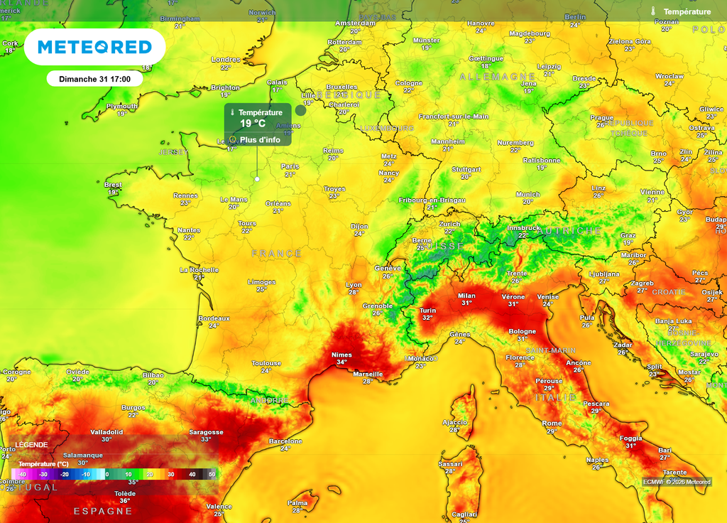 Dimanche après-midi, les températures auront du mal à dépasser les 20°C localement sur le quart Nord-Ouest, alors que des pointes à 35°C seront enregistrées vers la Méditerranée.