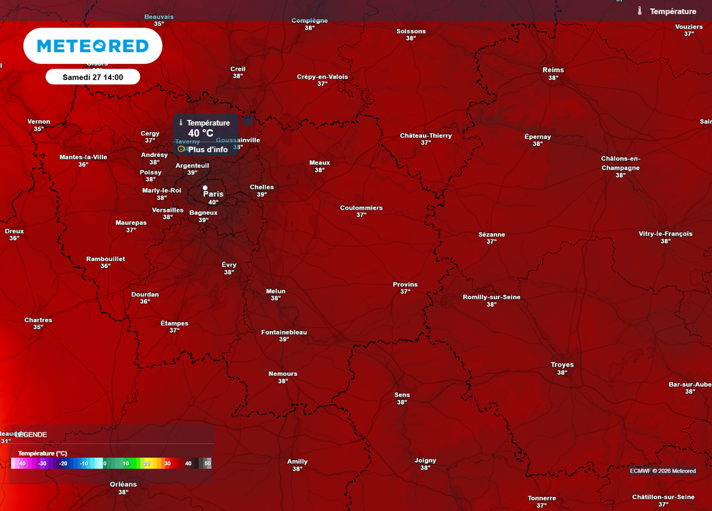 Samedi après-midi, des pointes à 40°C seront encore possibles en région parisienne, avant un début de baisse des températures dimanche.