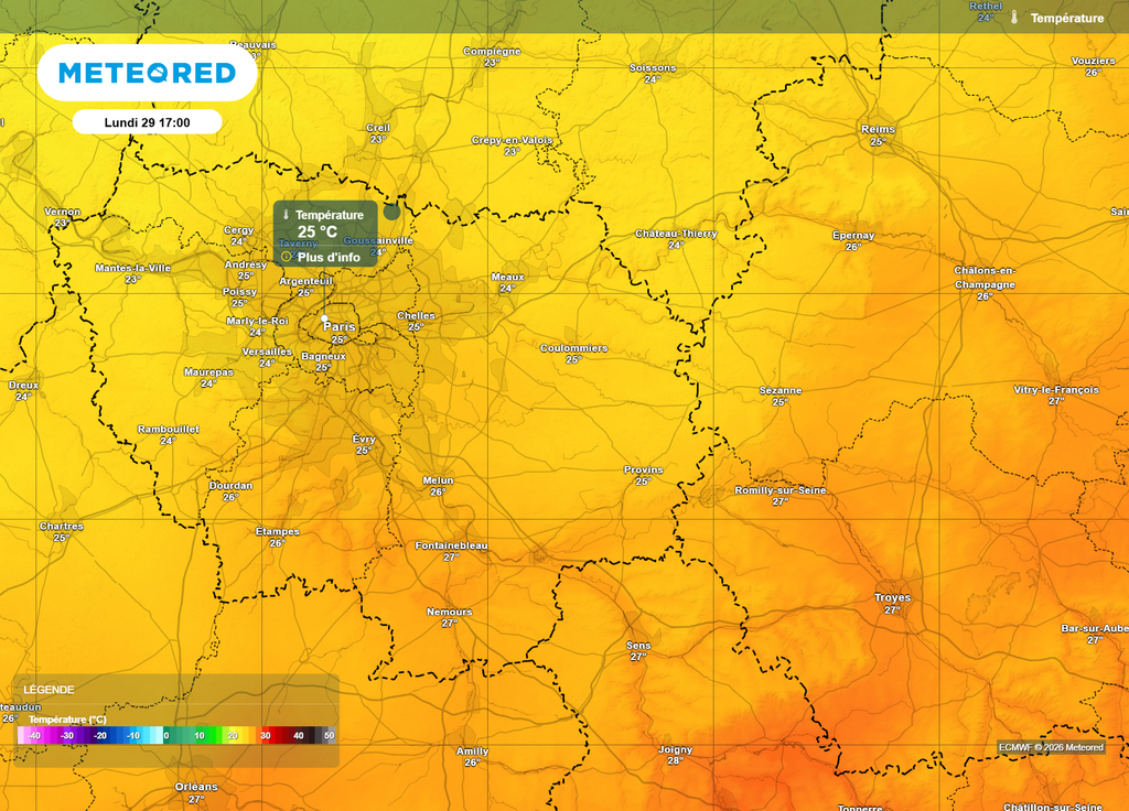 Le modèle européen prévoit même des températures ne dépassant pas les 25°C lundi après-midi à Paris, soit en-dessous de la minimale de la journée de jeudi !