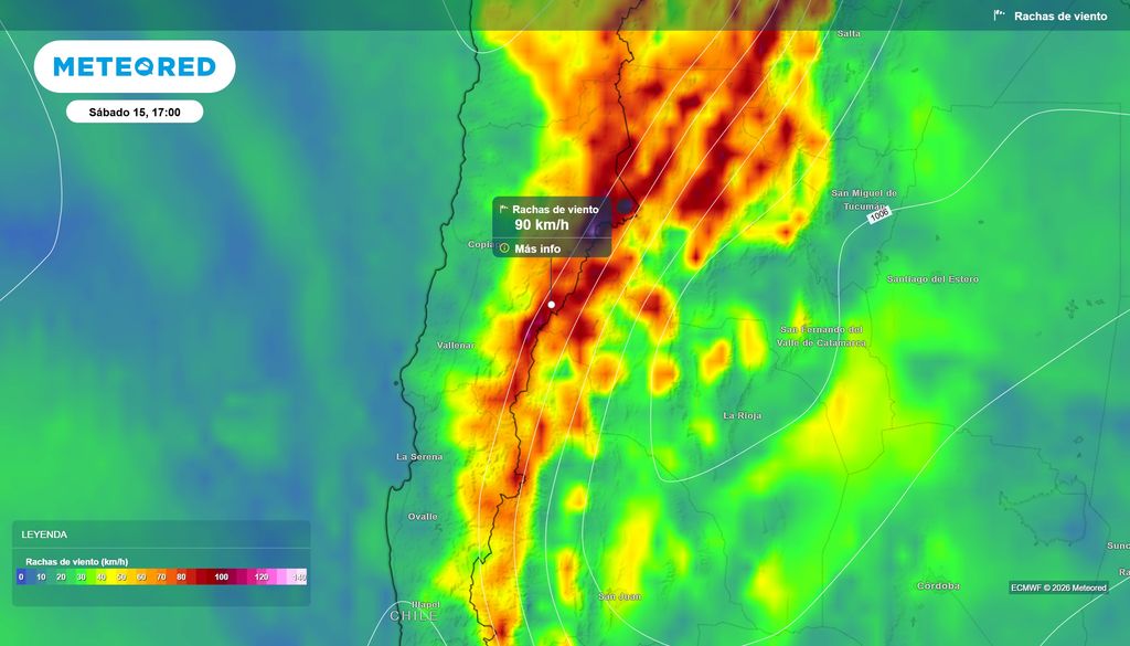 mapa de rachas de viento. El ECMWF proyecta para el sábado 15 rachas cercanas a 90 km/h en sectores cordilleranos de Atacama, en línea con el aviso de la DMC por viento fuerte durante el fin de semana.