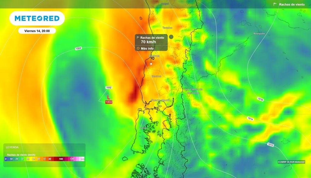 Se prevén rachas de hasta 70 km/h entre Los Ríos y Los Lagos durante la noche del viernes 14, asociadas al paso de un sistema de baja presión y al frente frío sobre el sur de Chile.