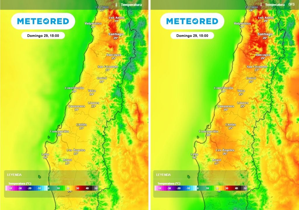 Para el domingo, ambos modelos coinciden en un aumento de temperaturas, pero el GFS anticipa un escenario más cálido que ECMWF, principalmente en el valle interior.
