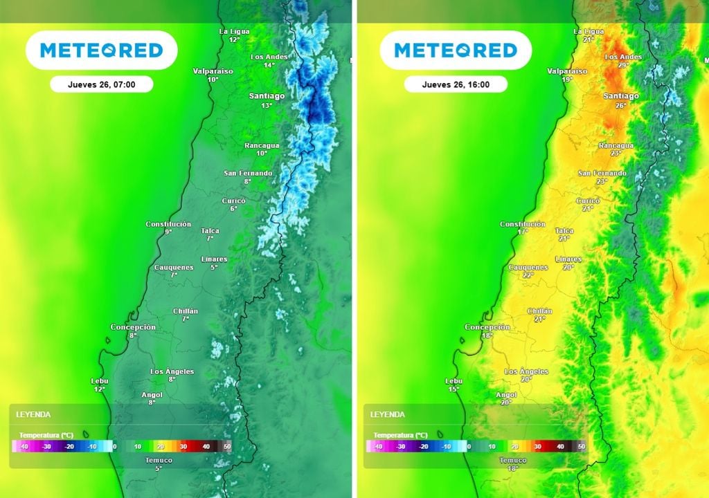 Amplia diferencia entre la mañana y la tarde: las bajas mínimas y el aumento de las máximas reflejan una marcada amplitud térmica en la zona central.