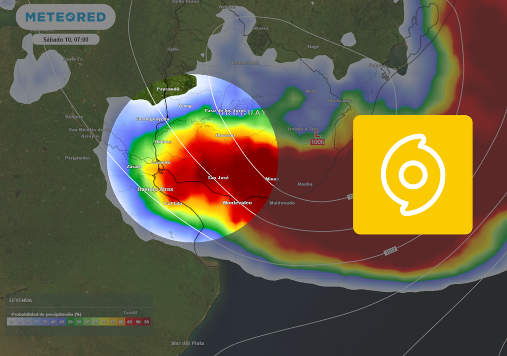 Fin de semana cambiante en el AMBA: de las lluvias y el fuerte viento, al sol y el regreso del calor. Mapa: probabilidad de precipitaciones para el sábado 10 de enero, según el modelo ECMWF.