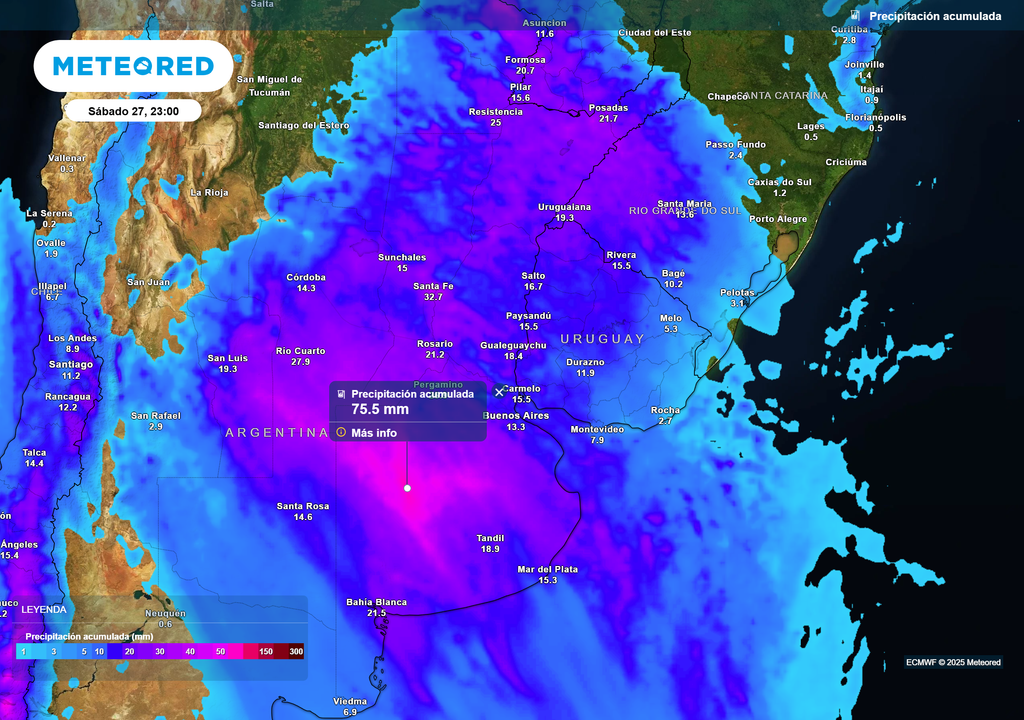 Precipitación acumulada según el modelo ECMWF el sábado 27 de septiembre a las 23 h en Buenos Aires
