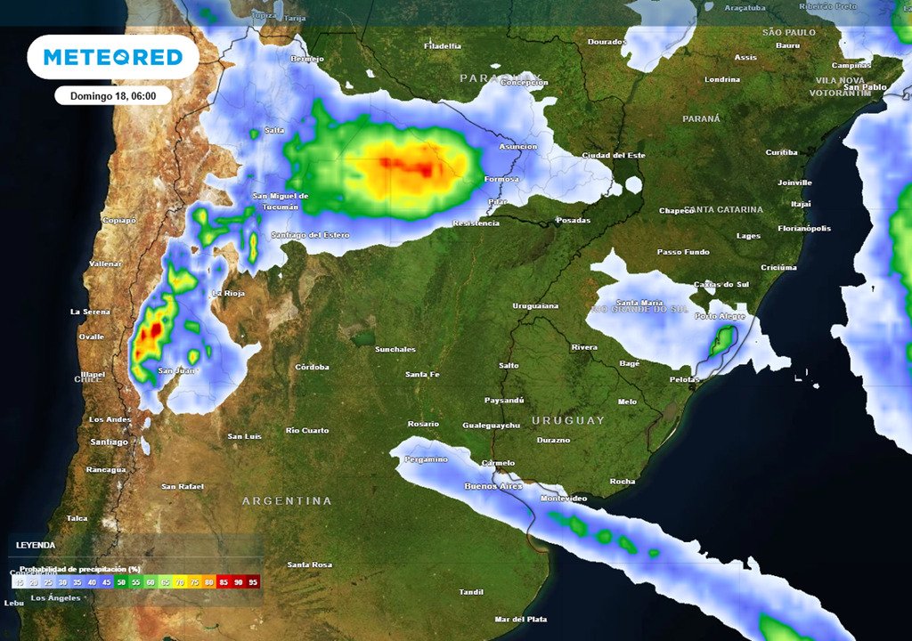 El mapa muestra la probabilidad de precipitaciones (la mayoría en forma de tormentas y chaparrones) para la mañana temprano del domingo 18 de enero, en el NOA, NEA y sobre PBA. Modelo: ECMWF.