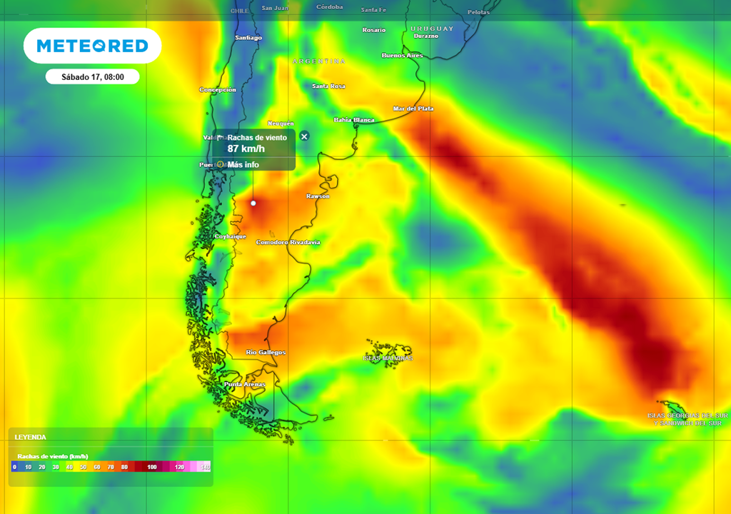 Rige alerta para la tarde de este sábado 17 de enero en Chubut, Santa Cruz y costa norte de Tierra del Fuego, por ráfagas de hasta 90 km/h.
