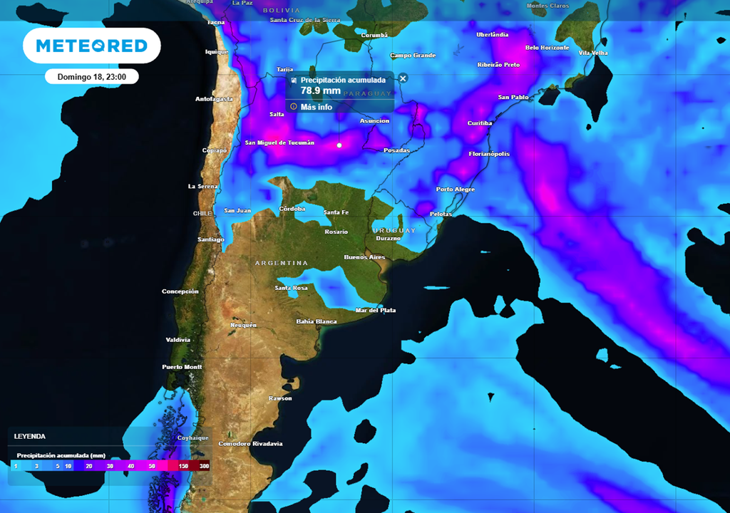 Fin de semana pasado por agua en el norte argentino, se esperan lluvia y tormentas de variada intensidad, algunas localmente intensas y bajo alerta en el NOA y NEA. Estimaciones desde 20 mm hasta zonas puntuales de 80 mm o más, acumulados. Modelo: GFS.