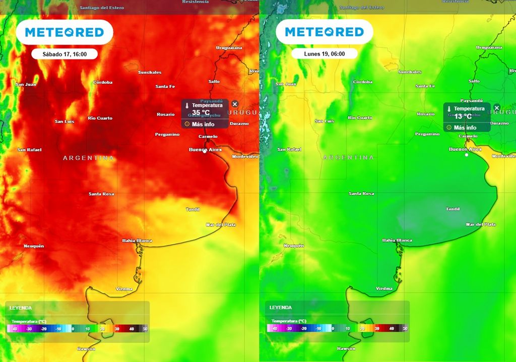 A la izquierda, temperaturas estimadas cerca de las 16 h del sábado, notable diferencia entre el calor sofocante del centro y norte de la PBA en la hora de la máxima y el sur bonaerense en donde ya se nota la acción del frente frío para ese horario. A la derecha, las bajas temperaturas en la mañana del lunes 19 h, post paso del frente y con la nueva masa de aire ya instalada. Modelo: ECMWF
