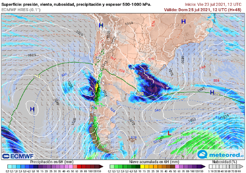 Mapa de superficie y espesor ECMWF