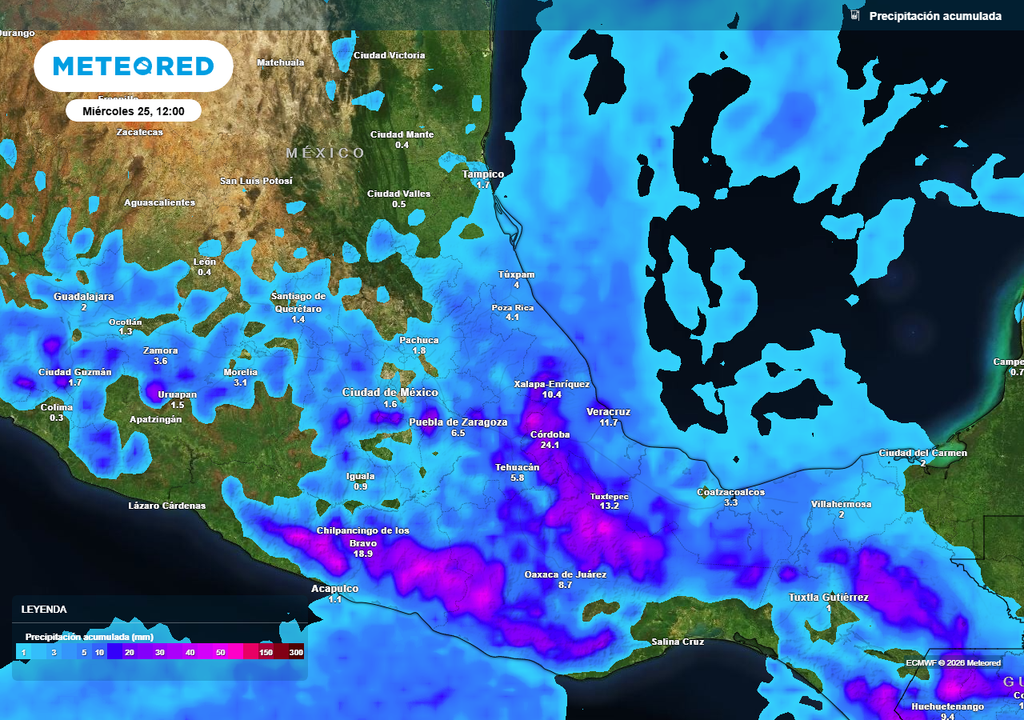 Este fin de semana se estiman de 20-50 mm o mayores en estados del centro, oriente y parte del sureste acompañadas de granizo y viento; más aisladas en el occidente.