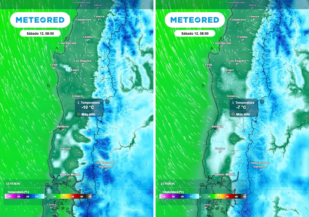 Meteored pronostica lluvia, helada de -4 °C, viento Puelche de 60 km/h y máximas de 20 °C para Chile centro-sur Temperatura mínima (°C) para el sábado (12) en Chile centro-sur. Pronóstico del ECMWF (imagen izquierda) y del GFS (imagen derecha).