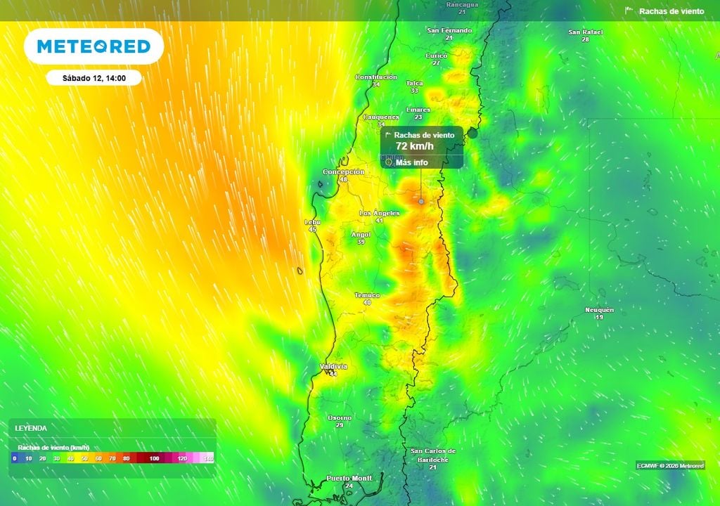 Meteored pronostica lluvia, helada de -4 °C, viento Puelche de 60 km/h y máximas de 20 °C para Chile centro-sur Rachas de viento (km/h) para la tarde del sábado (12) en el centro-sur de Chile.