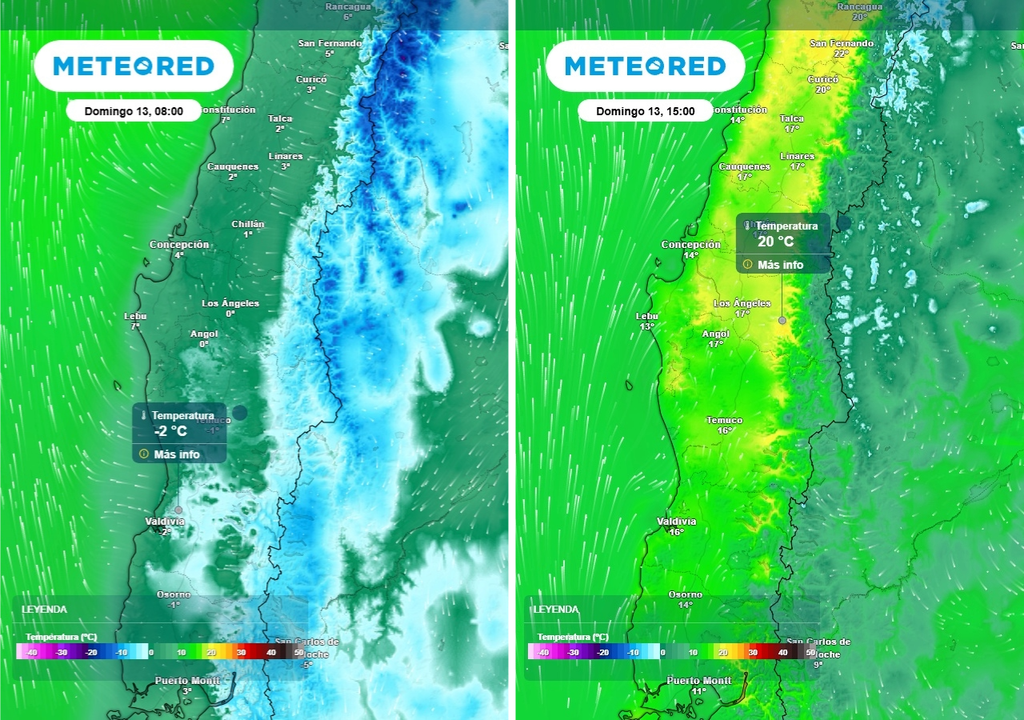 Meteored pronostica lluvia, helada de -4 °C, viento Puelche de 60 km/h y máximas de 20 °C para Chile centro-sur Temperatura mínima (°C) -imagen izquierda- y temperatura máxima -imagen derecha- para el domingo (13) en Chile centro-sur.