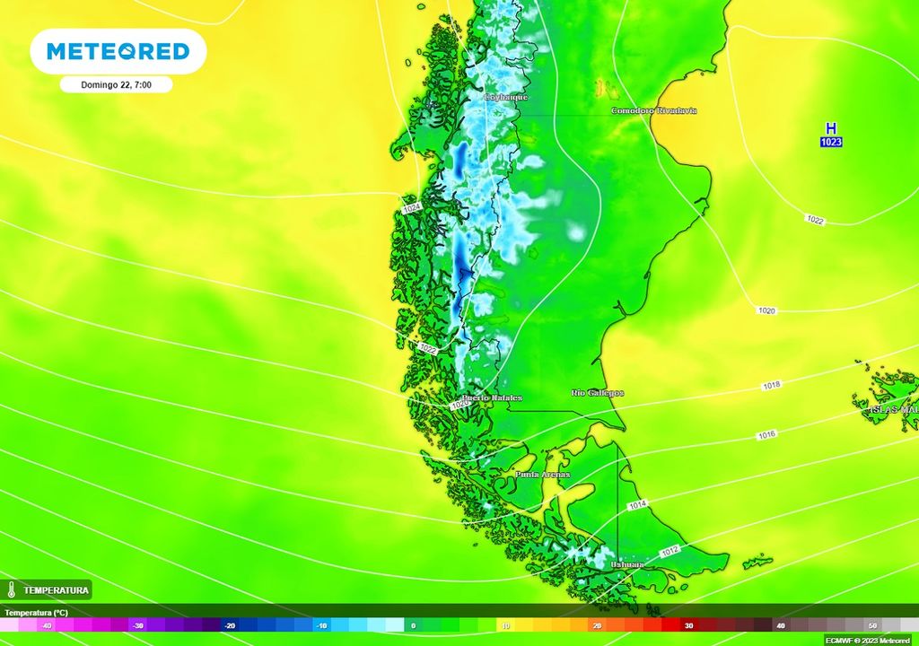 temperaturas mínimas previstas para el domingo sobre la Patagonia, según el modelo ECMWF temperaturas mínimas previstas para el domingo sobre la Patagonia, según el modelo ECMWF
