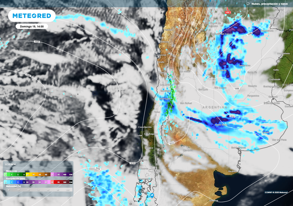 El frente terminará elevándose por sobre las altas presiones en su camino por la zona central. Esto provocará precipitaciones en cordillera, con posibilidad de extenderse hacia los valles durante el día domingo.
