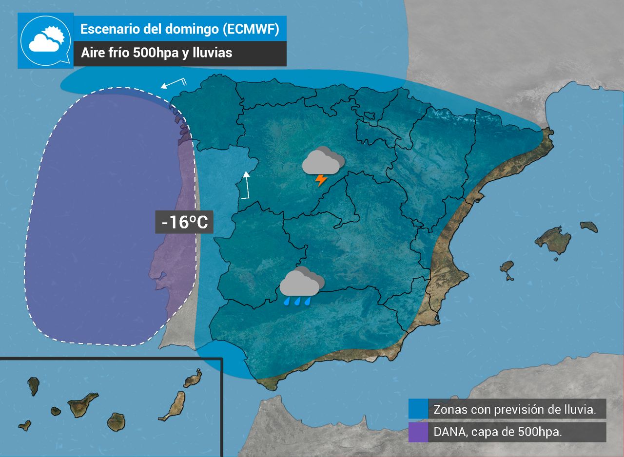 Escenario meteorológico previsto por el modelo europeo para la tarde del domingo. Grafismo de Tiempo.com
