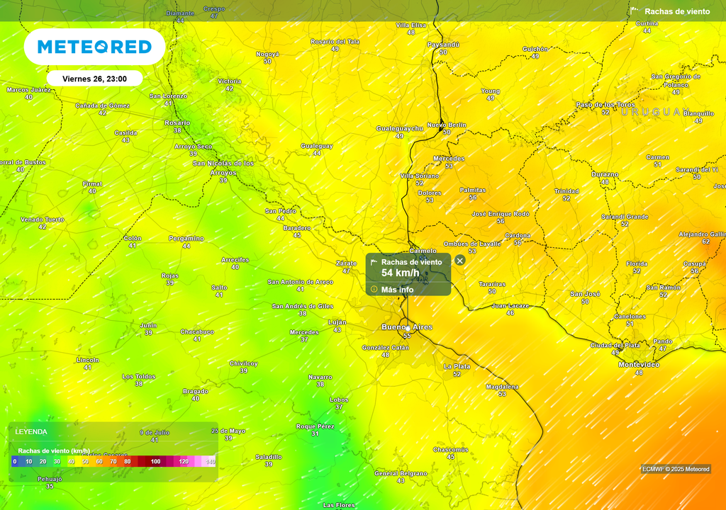 Ráfagas de viento para el viernes 26 de septiembre a las 23 h, según el modelo ECMWF.