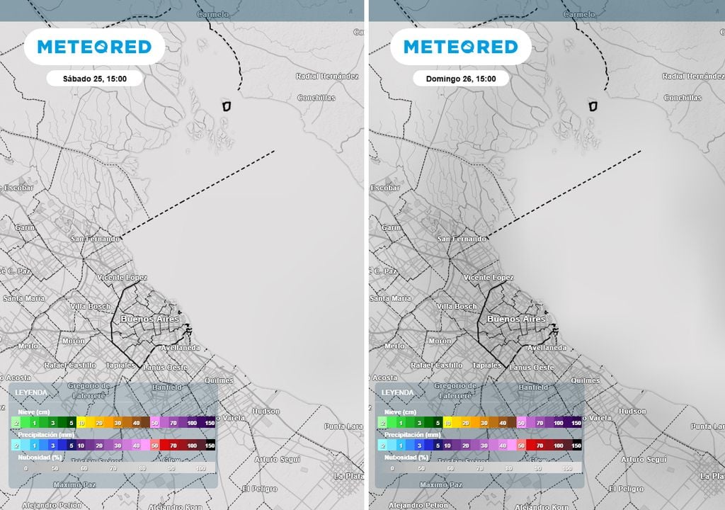 Condiciones previstas Condiciones de nubosidad y precipitación previstas para las 15 h del sábado y del domingo: los fenómenos se darán antes (nieblas) o después (lluvias el sábado) de ese horario