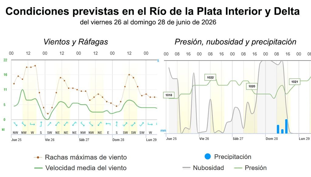 Graficos de velocidad media, dirección y rachas de viento (izq) y de lluvia, nubosidad y presión atmosférica para el fin de semana en el Río de la Plata.p