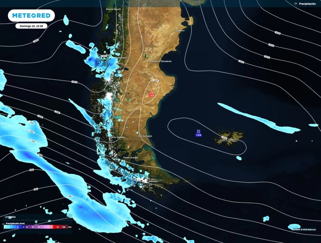 Las lluvias estarán concentradas sobre el oeste y sur de la Patagonia para el domingo 22 a la tarde.