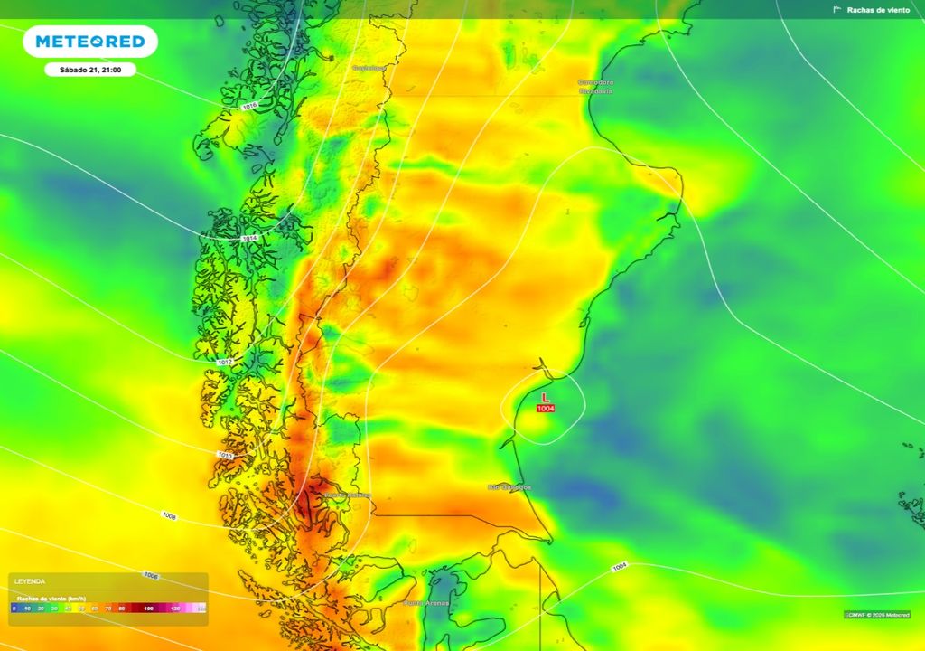 El sur de Chubut y la provincia de Santa Cruz tendrá las ráfagas de viento más intensas durante el sábado 21.
