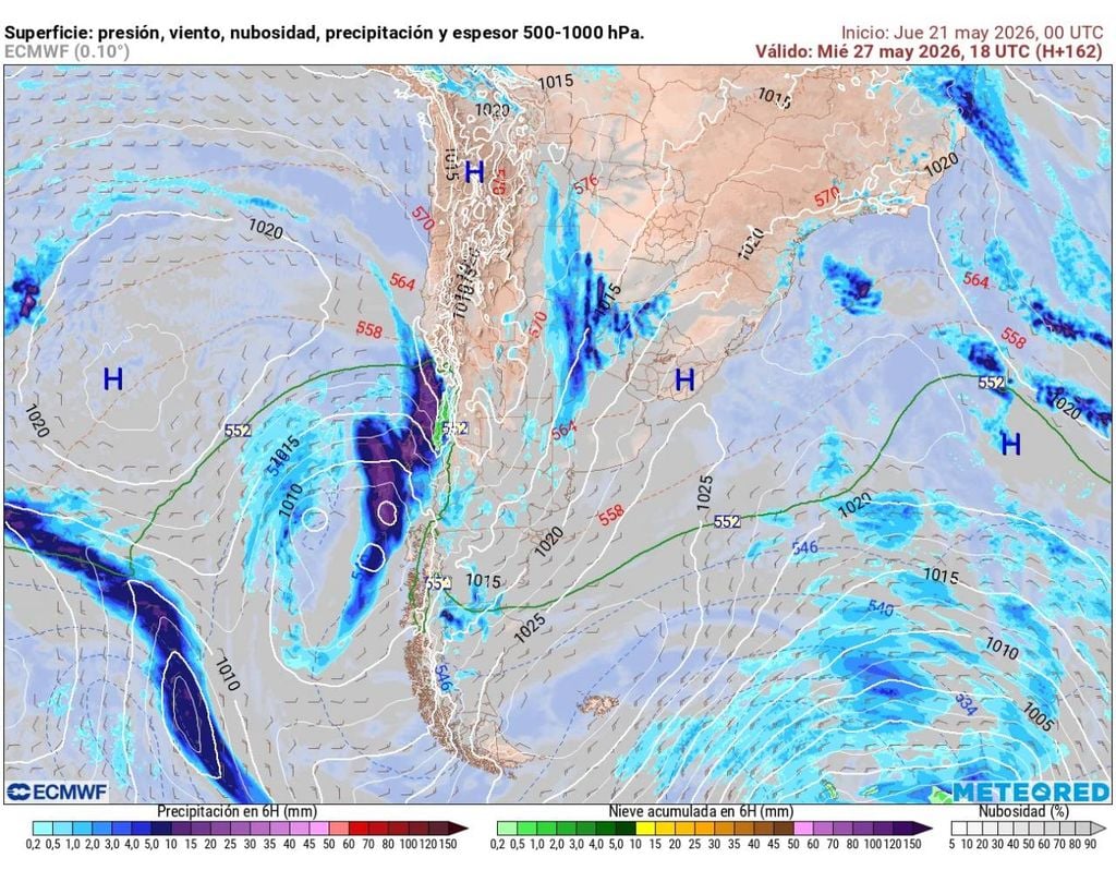 El miércoles sería el día clave para Santiago: modelo ECMWF muestra un sistema frontal impactando en la Región Metropolitana.