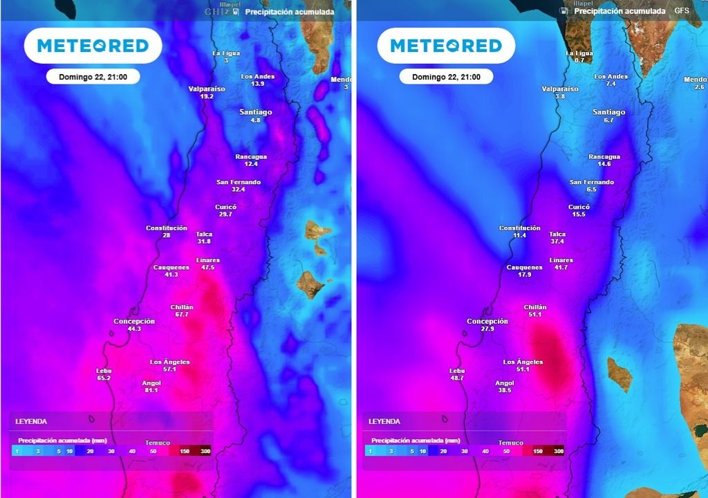ECMWF y GFS coinciden en precipitaciones intensas entre el Maule y Biobío, pero difieren en el alcance hacia el norte: GFS extiende las lluvias hasta Valparaíso, mientras ECMWF proyecta precipitaciones débiles incluso hasta Coquimbo.