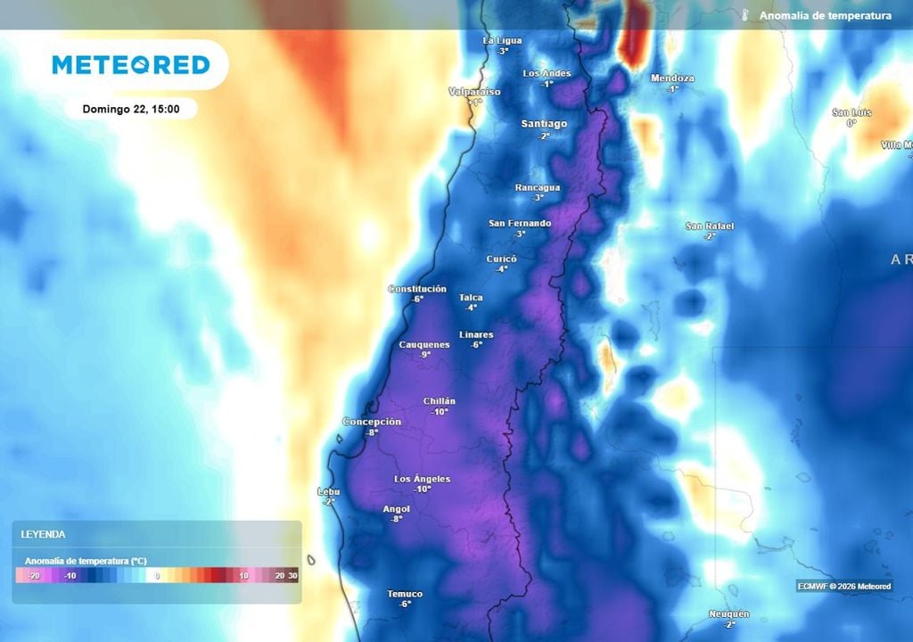 Tras el sistema frontal, el domingo se sentirá más frío de lo normal en toda la zona central, con una caída más marcada en el centro sur y más moderada en el centro norte.