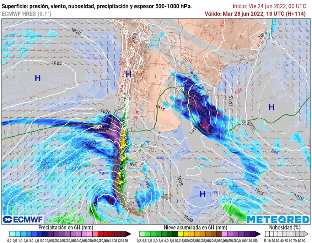 presión y precipitación prevista; modelo ECMWF