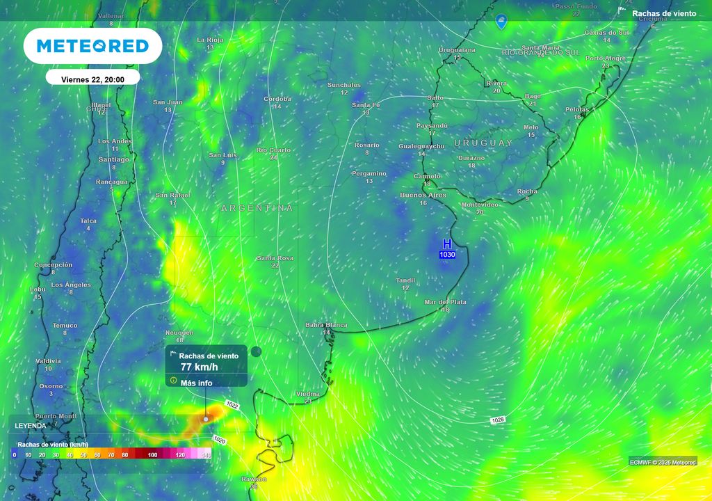 Rafagas Viernes 22 a las 20 h Ráfagas de viento en superficie para el día viernes 22 de mayo a las 20 h, según el modelo ECMWF
