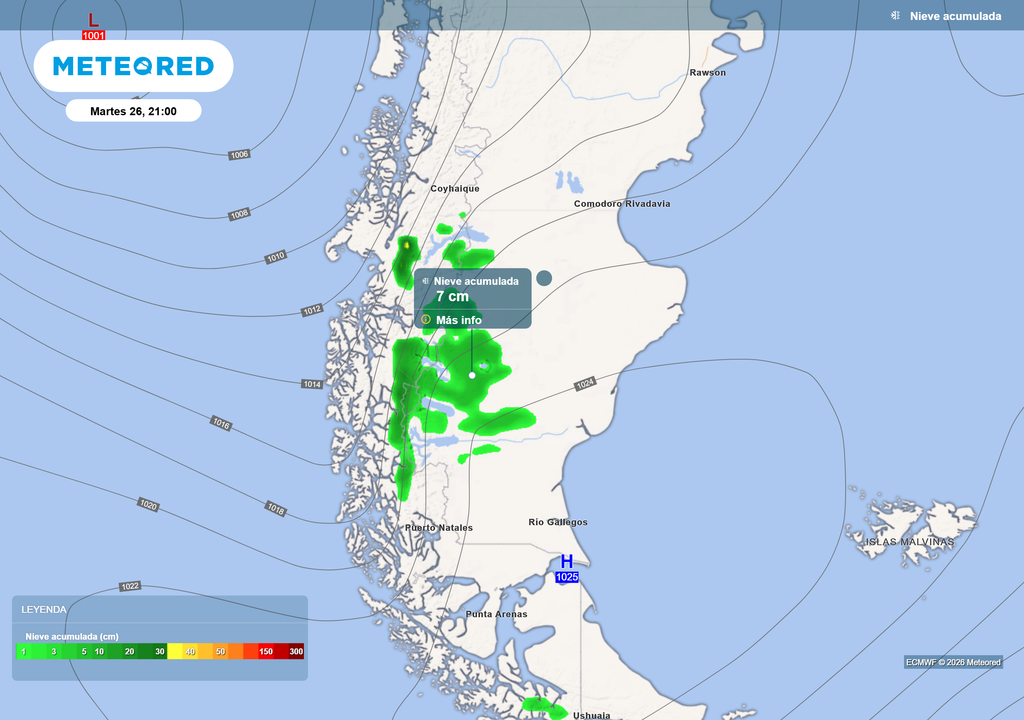 Nieve acumulada Martes 26 de mayo 21 h Nieve acumulada para el martes 26 de Mayo a las 21 h, según el modelo ECMWF.