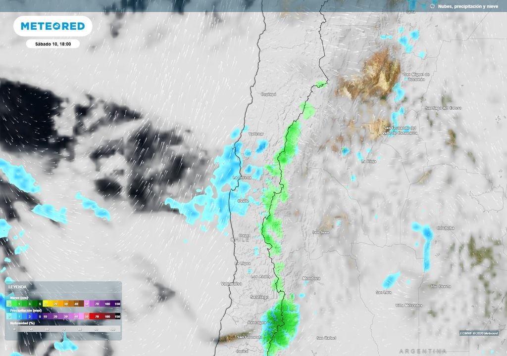 Nubosidad y precipitaciones previstas para Coquimbo durante la tarde del sábado 10 de octubre.