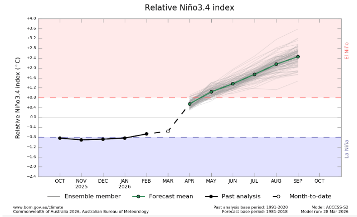 Predicción probabilística del índice Niño3.4 prevista para los próximos meses en el Pacífico ecuatorial central. BoM
