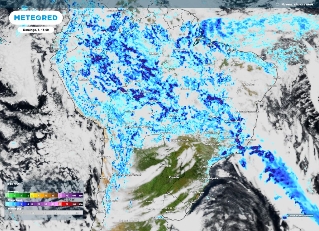 Presença de nebulosidade e chuva prevista para o Brasil, na tarde de domingo(04). Presença de nebulosidade e chuva prevista para o Brasil, na tarde de domingo(04).