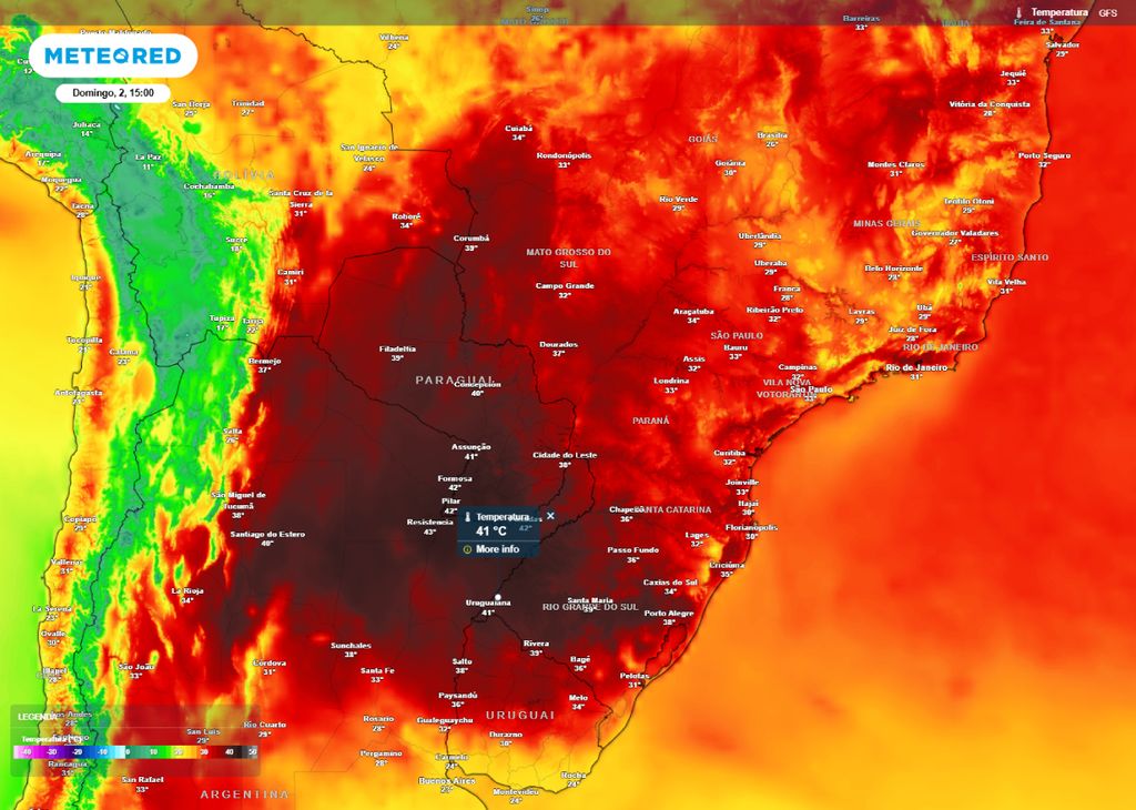 Previsão de temperatura máxima para a tarde de domingo (02) para o Sul e Sudeste do Brasil.