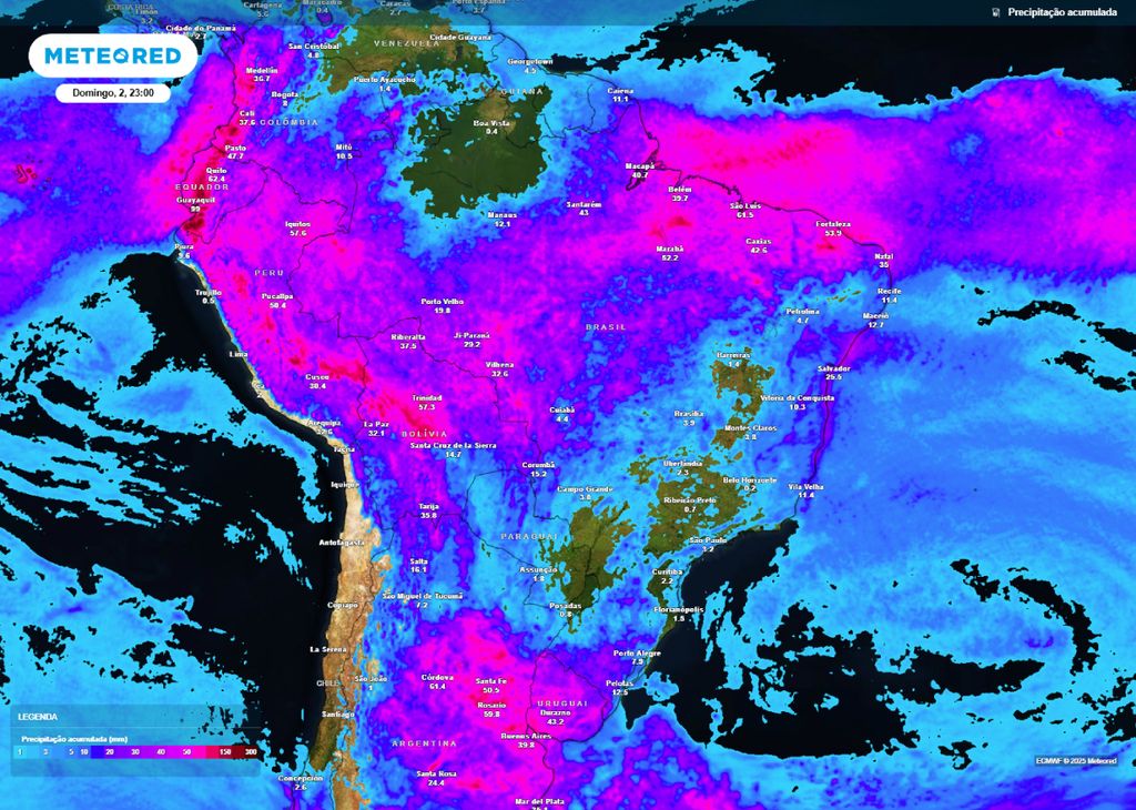 Chuva acumulada prevista entre sexta-feira (28) e domingo (02).